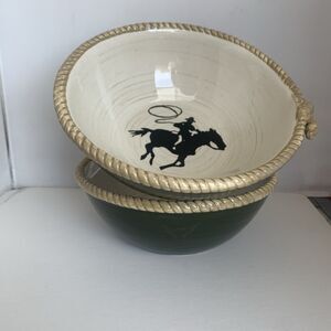 (2) Sonoma Happy Trails Cereal /Soup Bowls, Western Style, green, 7.25", New